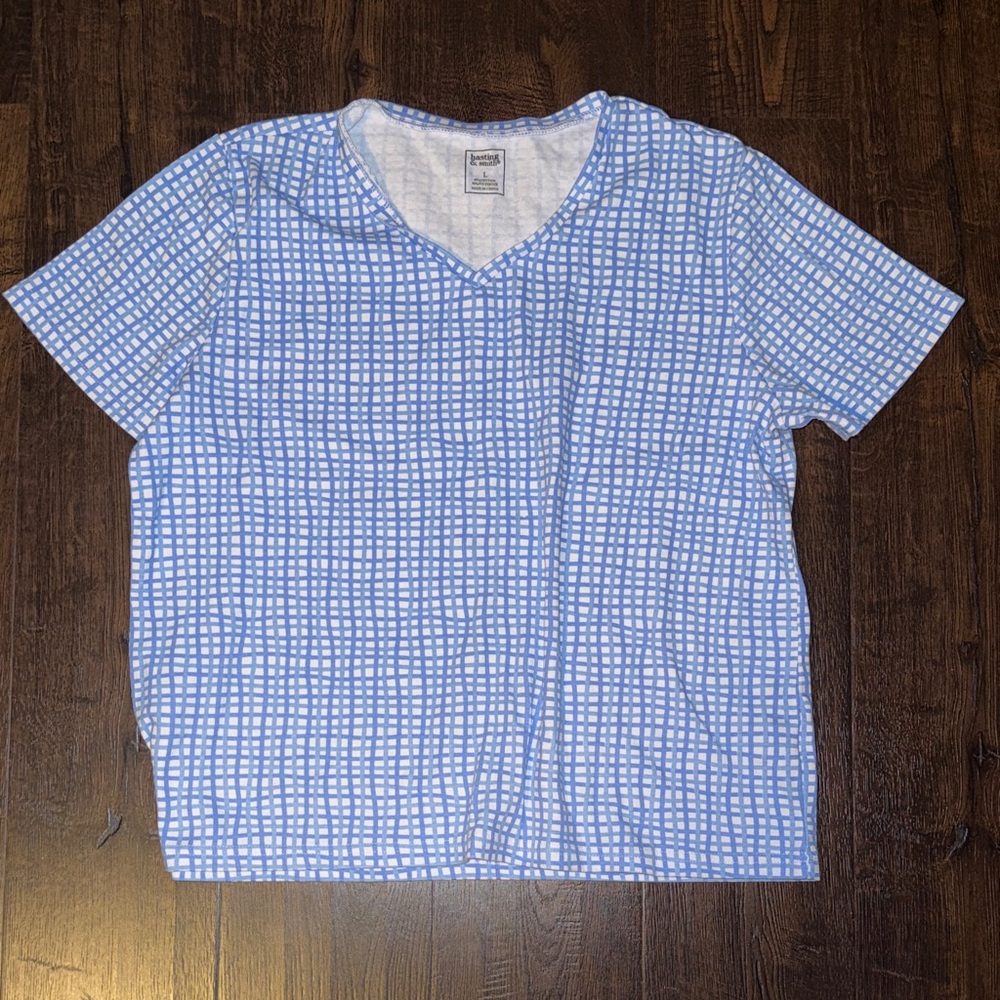 Blue and White Checkered Short Sleeve Top